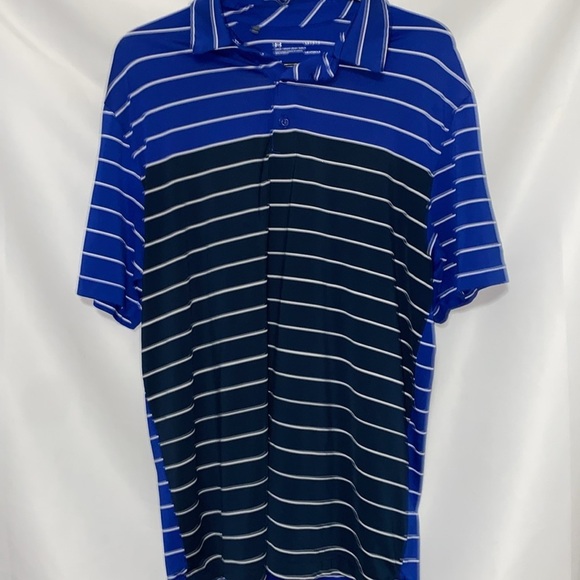 UNDER ARMOUR LOOSE HEATGEAR MENS LG Blue and Black Performance Polo Shirt. CLEAN - Picture 6 of 10